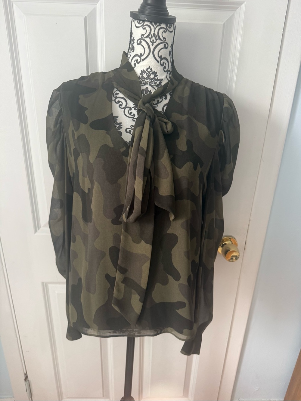 Camouflage Tie-Neck Blouse - Olive Green
